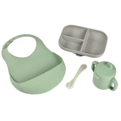 BÉABA Goûter Sain|Couverts Vaisselle Et Bavoirs*Coffret repas silicone Les essentiels Gris/Vert sauge