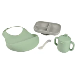 BÉABA Goûter Sain|Couverts Vaisselle Et Bavoirs*Coffret repas silicone Les essentiels Gris/Vert sauge