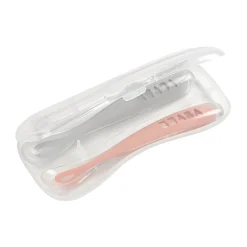 BÉABA Couverts Vaisselle Et Bavoirs*Lot 2 cuillères 1er âge silicone avec boite de transport Rose/Gris