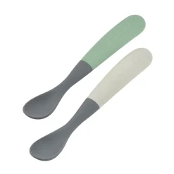 BÉABA Couverts Vaisselle Et Bavoirs*Lot 2 cuillères 1er âge silicone bi-ton avec boîte de transport Gris/Vert sauge