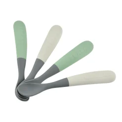 BÉABA Couverts Vaisselle Et Bavoirs*Lot 4 cuillères 1er âge silicone bi-ton Gris/Vert sauge