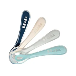BÉABA Couverts Vaisselle Et Bavoirs*Lot 4 cuillères 2ème âge silicone Bleu/Rose/Gris