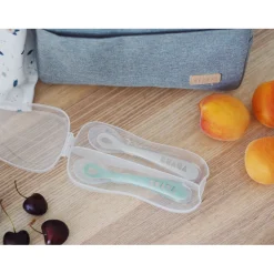 BÉABA Couverts Vaisselle Et Bavoirs*Lot 2 cuillères 2ème âge silicone avec boite de transport Vert sauge/Gris velours