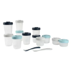 BÉABA Couverts Vaisselle Et Bavoirs|Pots De Conservation*Pack premiers repas (12 portions + 2 cuillères) Bleu/Gris