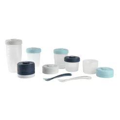 BÉABA Couverts Vaisselle Et Bavoirs|Pots De Conservation*Pack premiers repas (12 portions + 2 cuillères) Bleu/Gris