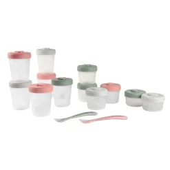 BÉABA Couverts Vaisselle Et Bavoirs|Pots De Conservation*Pack premiers repas (12 portions + 2 cuillères) Eucalyptus/Rose/Gris