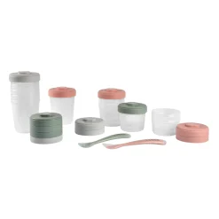 BÉABA Couverts Vaisselle Et Bavoirs|Pots De Conservation*Pack premiers repas (12 portions + 2 cuillères) Eucalyptus/Rose/Gris