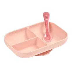 BÉABA Couverts Vaisselle Et Bavoirs*Set repas Silicone - Assiette compartimentée et cuillère 2ème âge Rose