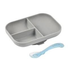 BÉABA Couverts Vaisselle Et Bavoirs*Set repas Silicone - Assiette compartimentée et cuillère 2ème âge Gris